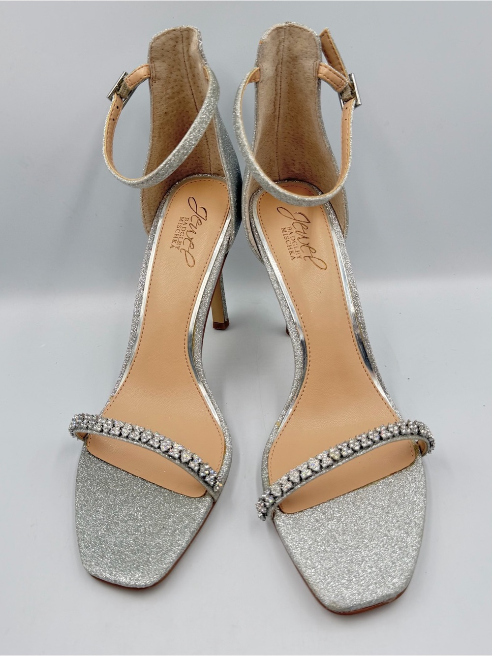 Badgley Mischka Adriane Womens 9 Silver Jewel Evening Glitter Sandal Heel